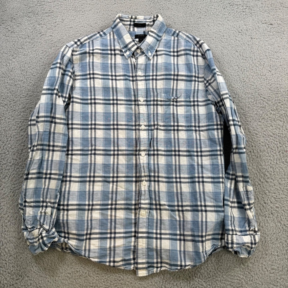 J.Crew Mens Slim Fit Linen Cotton Plaid Button Down Shirt Blue White Medium M